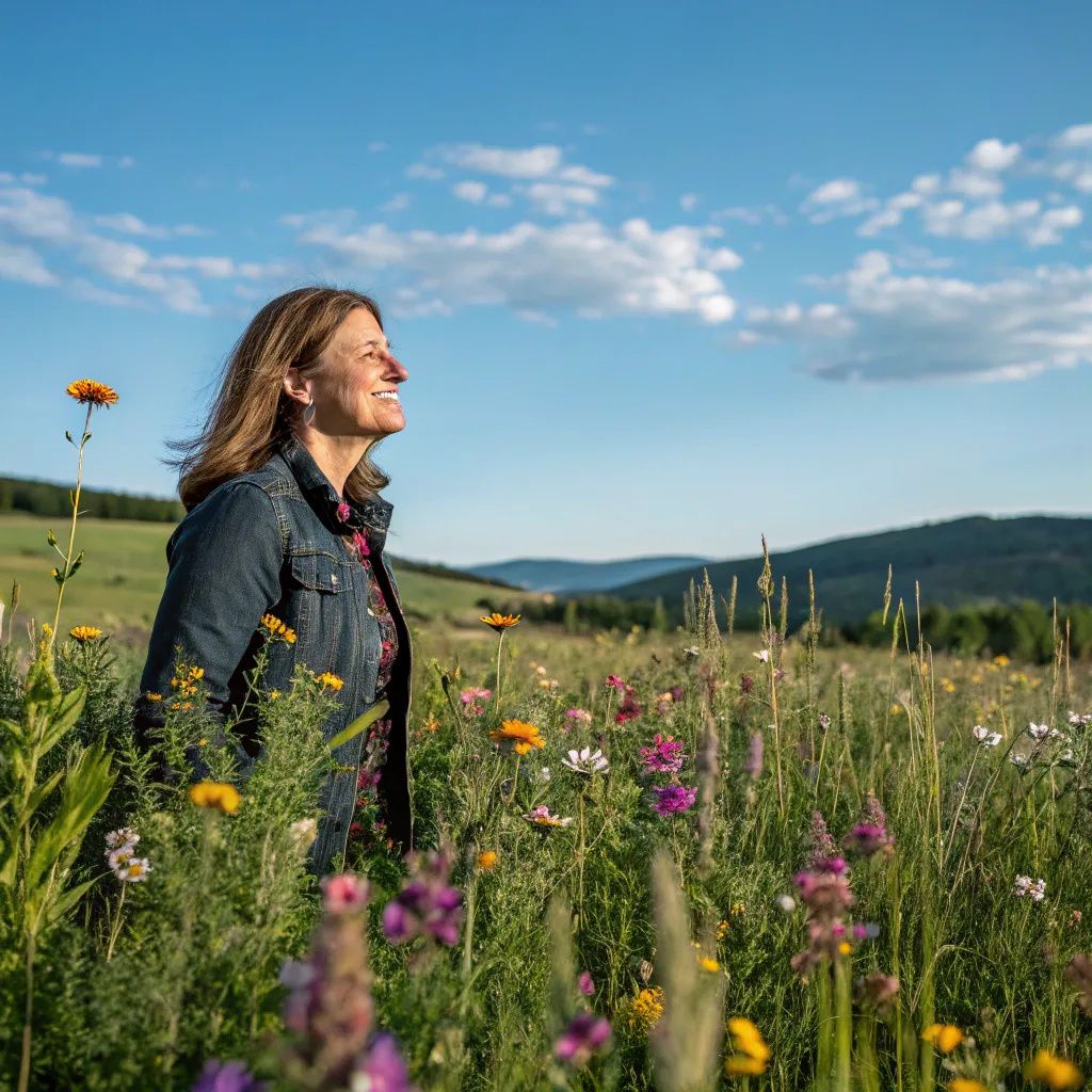 Jane Smith in a meadow with wildflowers